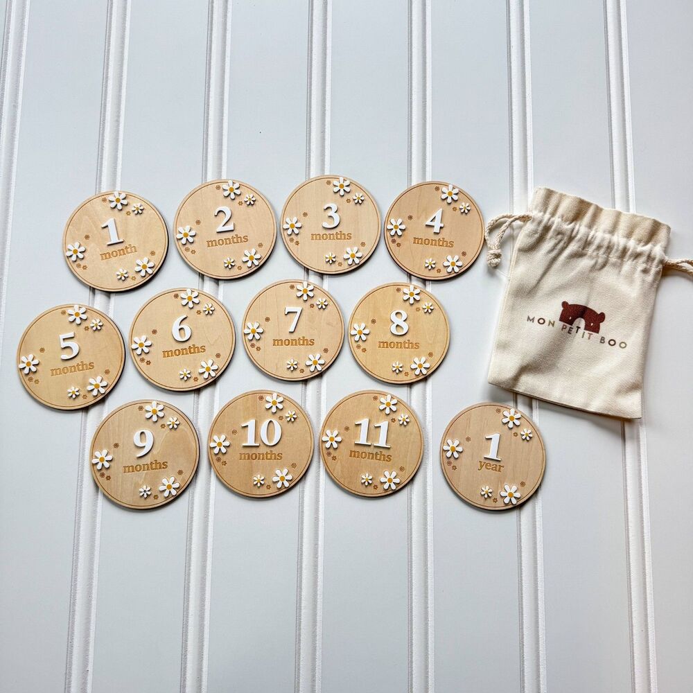 Boho Daisy Wooden Baby 12 Monthly Milestone Discs
